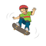 Vector illustration of skateboarder doing flip and jumping trick isolated on white background. Kids coloring page, drawing, art, first word, flash card. Color cartoon character clipart.